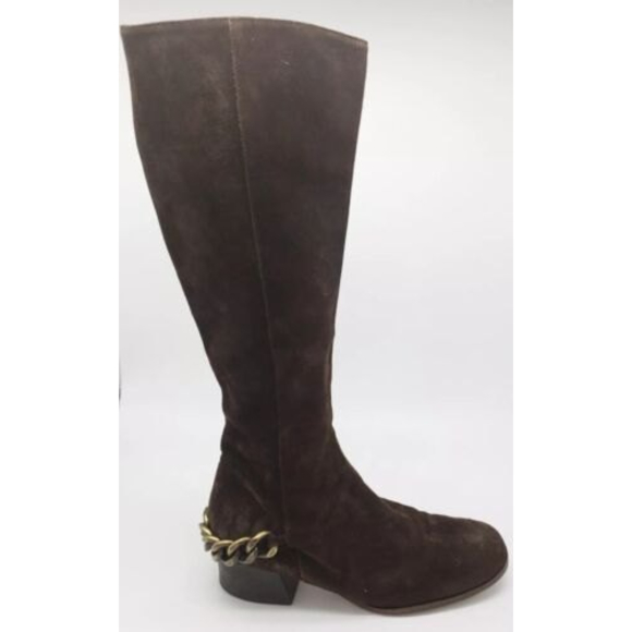 Michael Kors Riding Boot Womens Size 6 M Chain Embellishment Brown Suede Zip Up - Picture 1 of 11